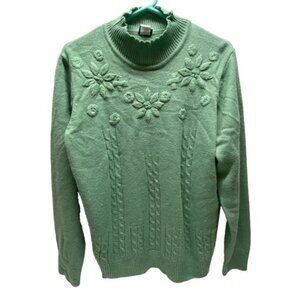 Salon Studio Knit Sweater Women's Large Sage Green Floral Embroidered Mock Neck